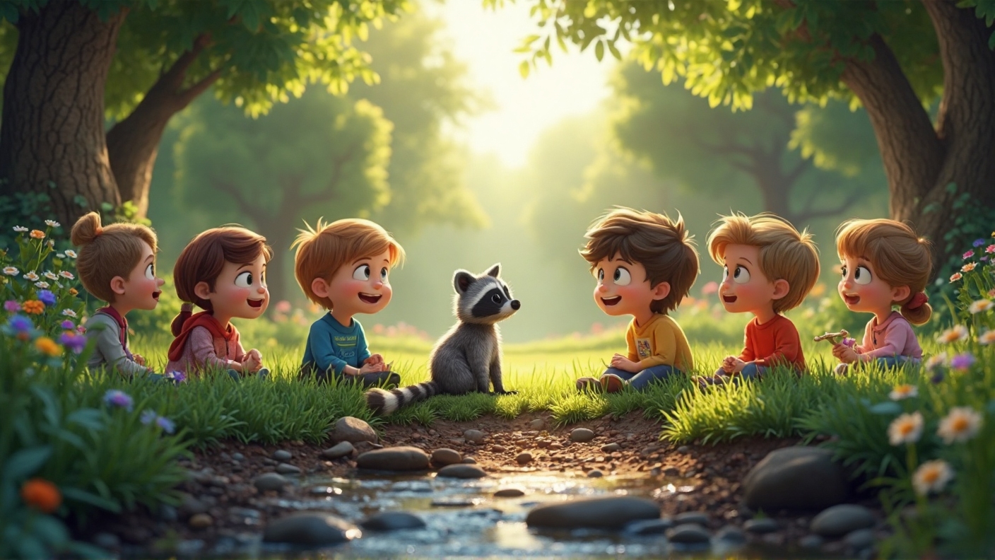 Rascal erzählt einer Kindergruppe im Wald
